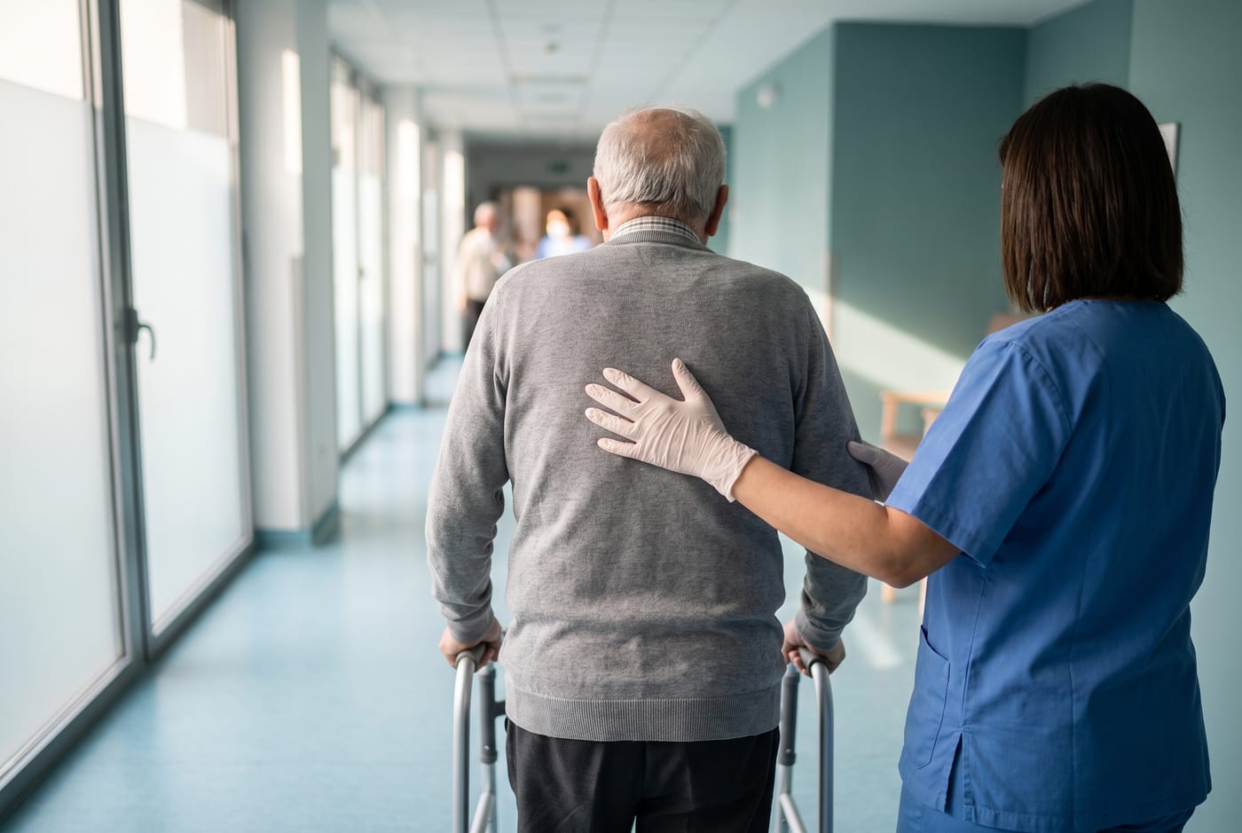 Pflegekraft begleitet einen älteren Menschen in einer hellen Einrichtung
