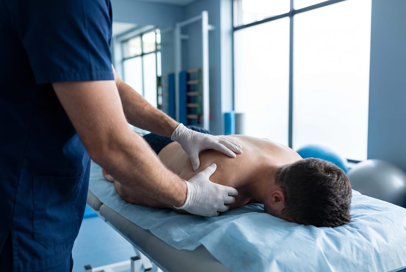 Physiotherapeut behandelt den Rücken eines Patienten in einer hellen Praxis