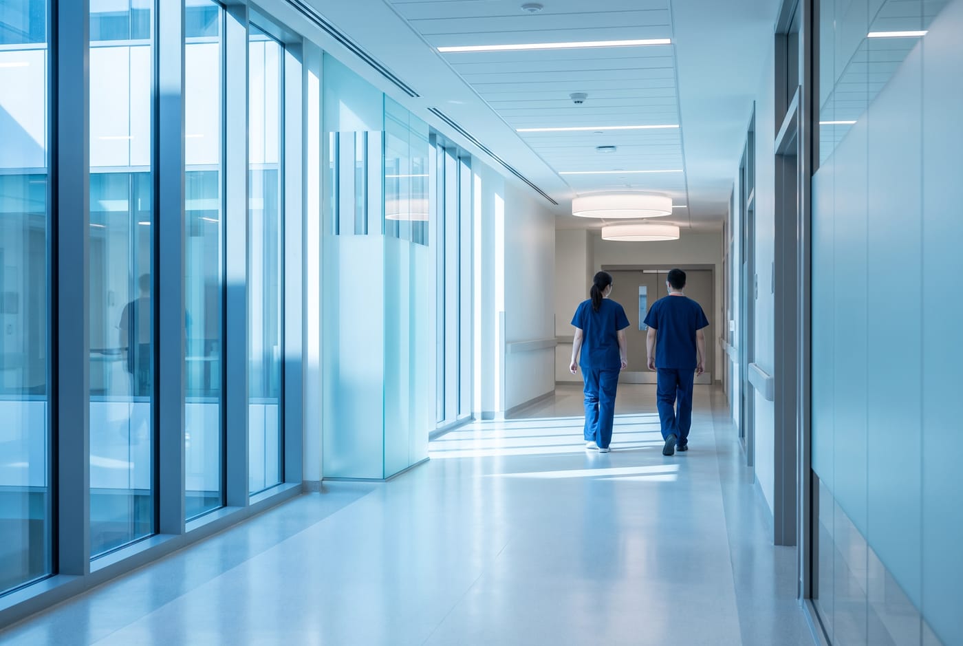 Zwei Pflegekräfte gehen einen hellen Flur einer modernen Klinik entlang