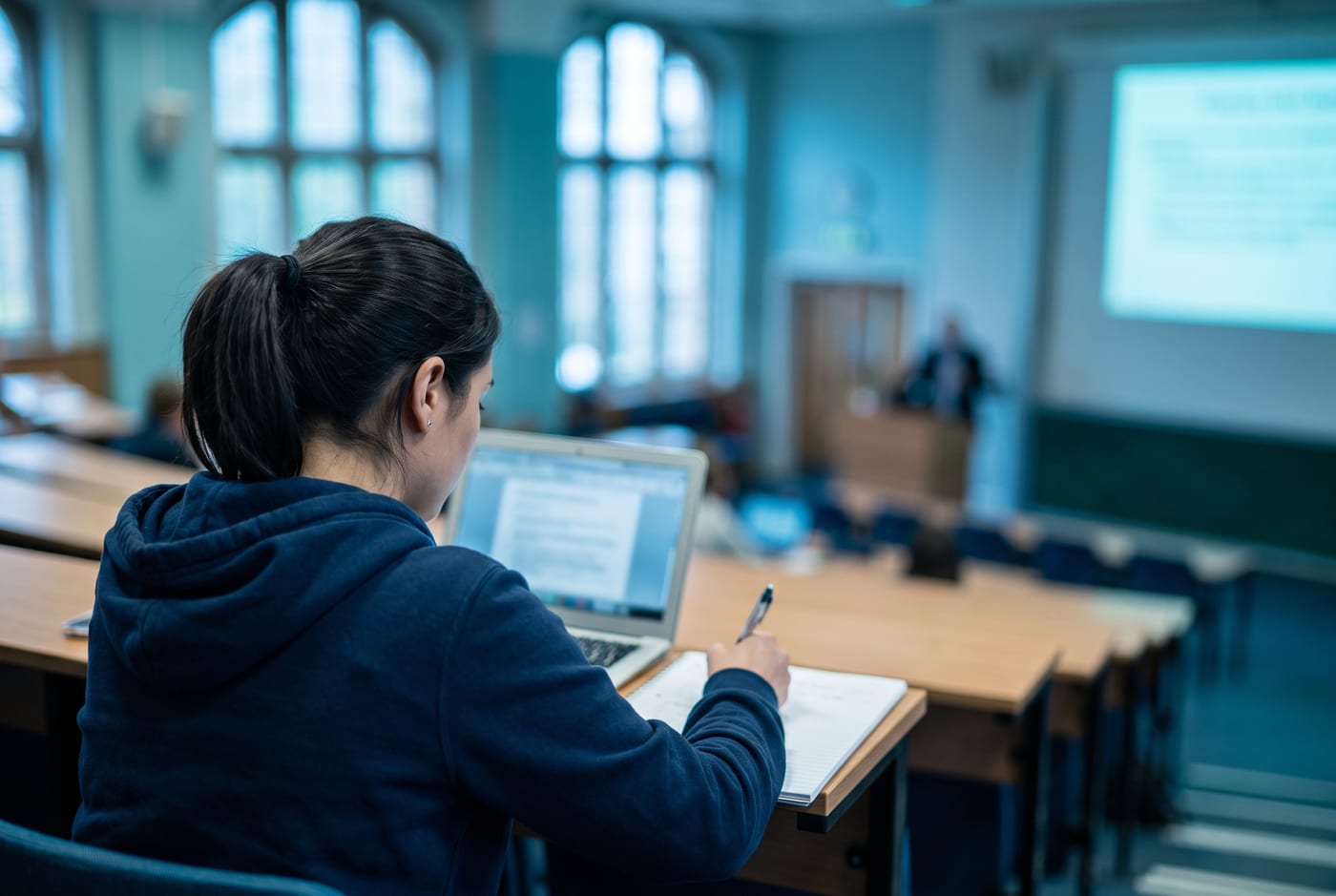 Studentin macht Notizen während einer Vorlesung im Hörsaal